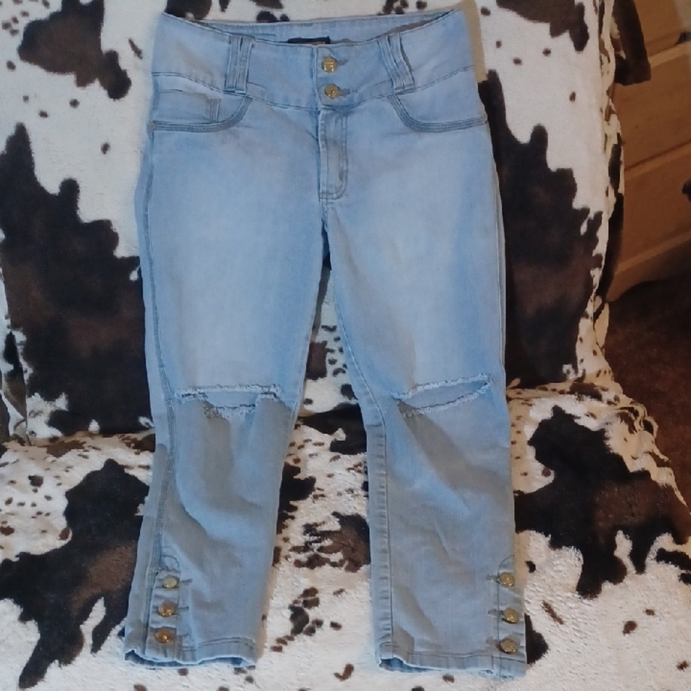 VO JEANS Blue Ankle Cropped Distressed Jeans